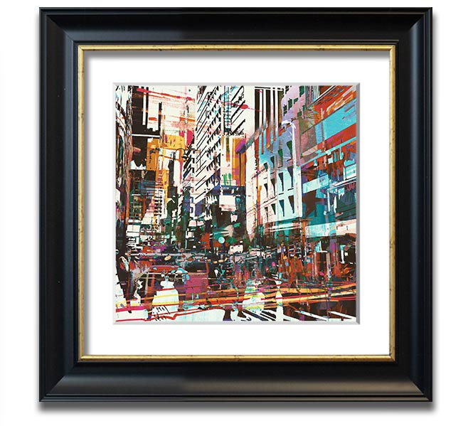 A beautifully framed abstract city art print showcasing vibrant colors and modern design, ready to hang.