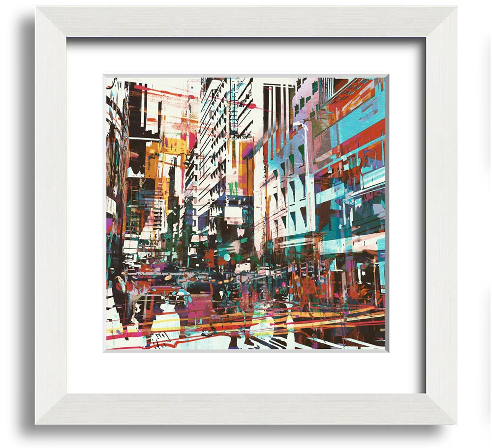 A beautifully framed abstract city art print showcasing vibrant colors and modern design, ready to hang.