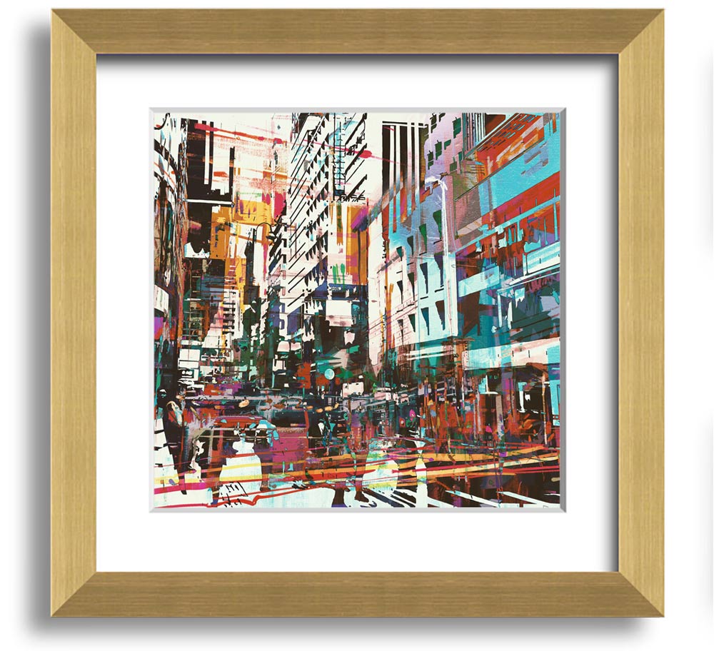 A beautifully framed abstract city art print showcasing vibrant colors and modern design, ready to hang.