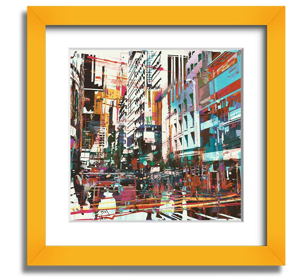 A beautifully framed abstract city art print showcasing vibrant colors and modern design, ready to hang.