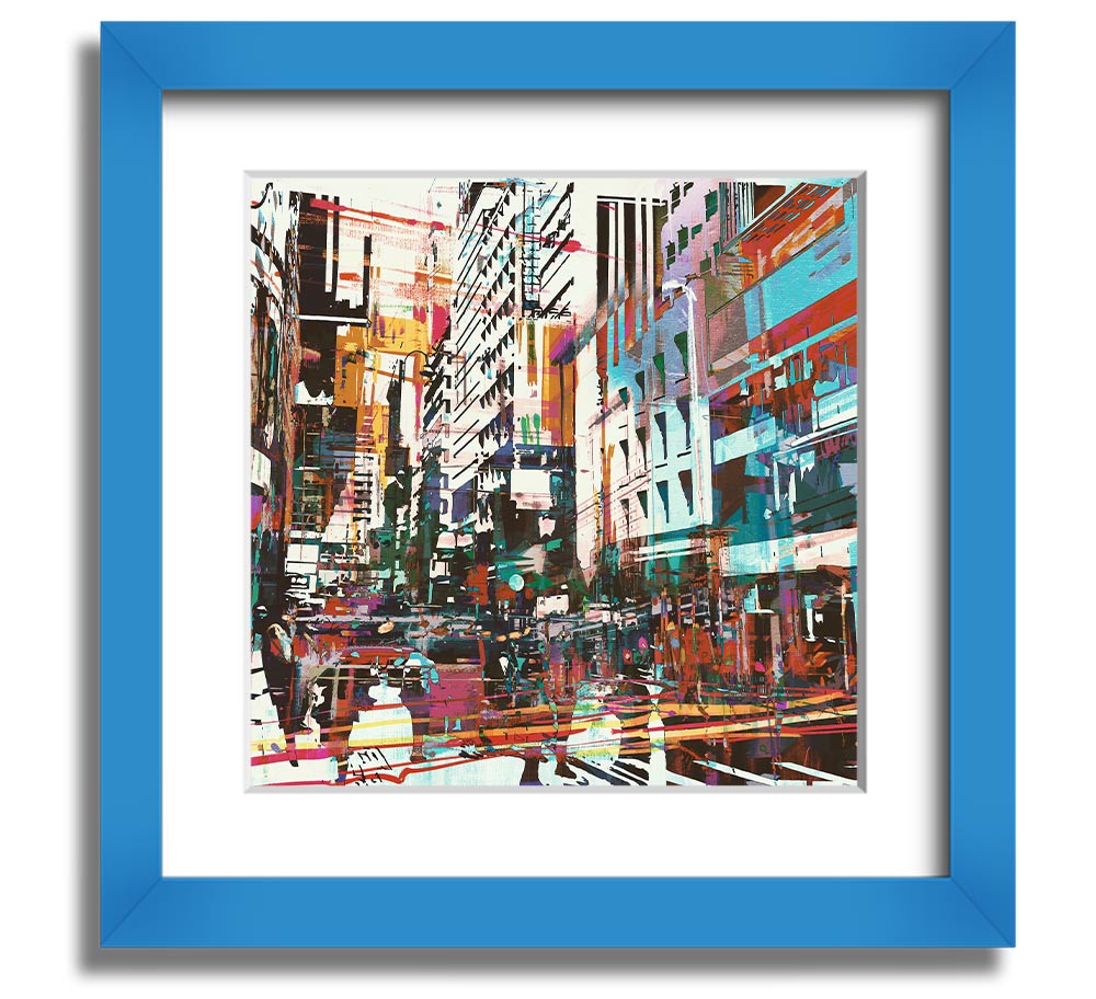 A beautifully framed abstract city art print showcasing vibrant colors and modern design, ready to hang.