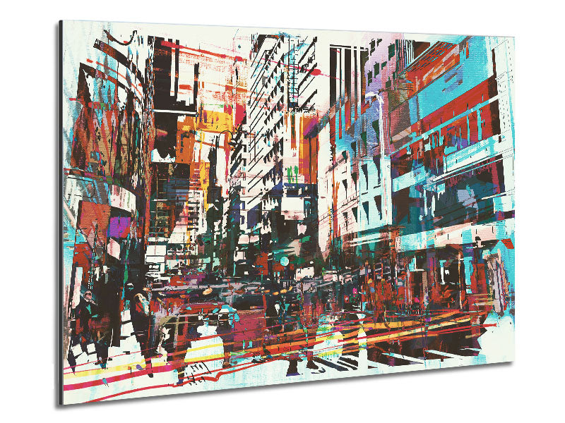 A vibrant abstract city art piece printed on brushed aluminium dibond, showcasing dynamic urban landscapes with modern artistic flair.