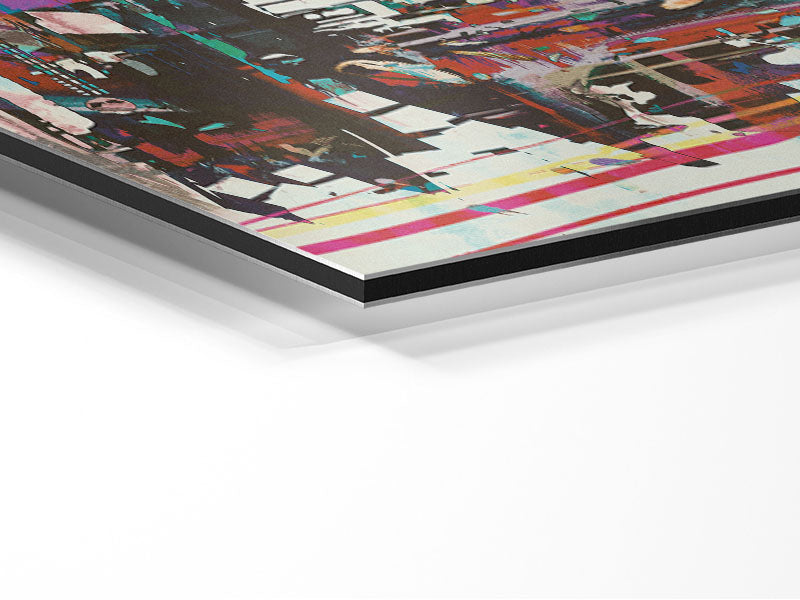 A vibrant abstract city art piece printed on brushed aluminium dibond, showcasing dynamic urban landscapes with modern artistic flair.