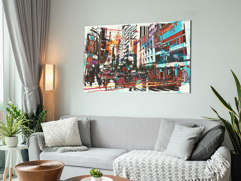 A vibrant abstract city art piece printed on brushed aluminium dibond, showcasing dynamic urban landscapes with modern artistic flair.