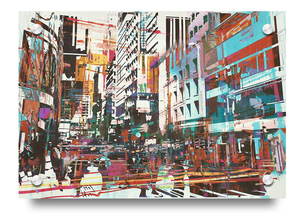 Vibrant abstract city art acrylic print on 5mm thick acrylic glass, showcasing urban landscapes in a modern design.