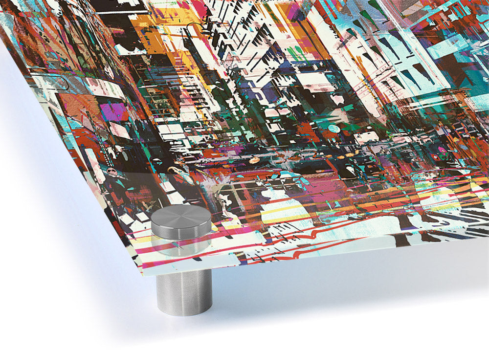 Vibrant abstract city art acrylic print on 5mm thick acrylic glass, showcasing urban landscapes in a modern design.