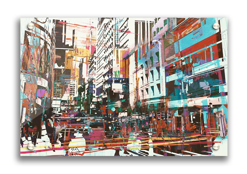 Vibrant abstract city art acrylic print on 5mm thick acrylic glass, showcasing urban landscapes in a modern design.