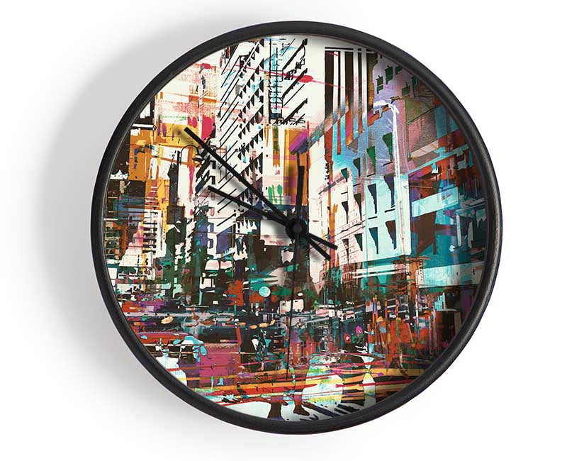 Abstract City Art clock made from natural bamboo with a round face and clear Plexiglas lens, available in black, white, and natural frame colors.