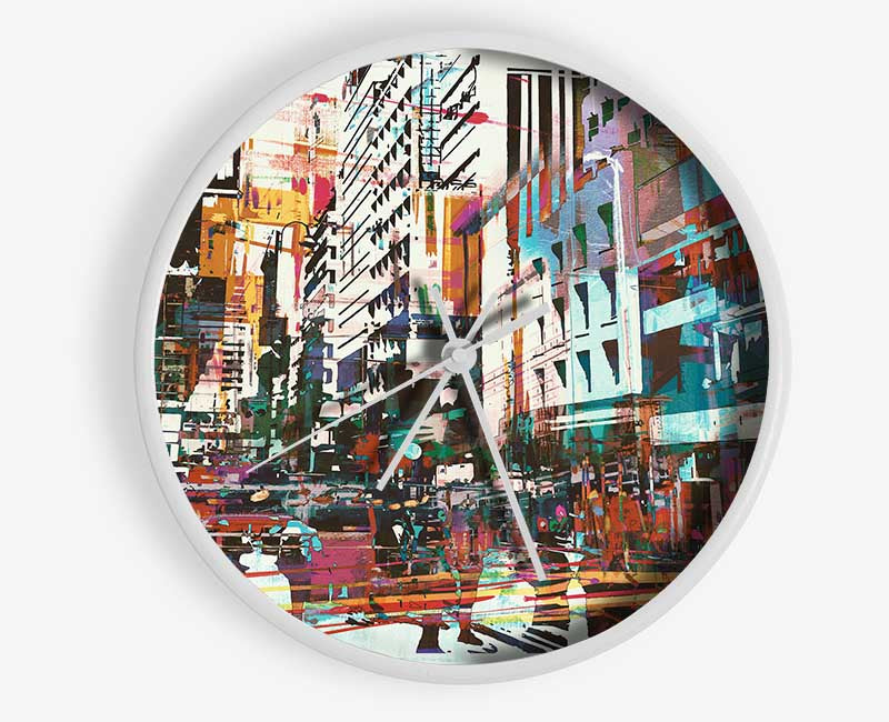 Abstract City Art clock made from natural bamboo with a round face and clear Plexiglas lens, available in black, white, and natural frame colors.