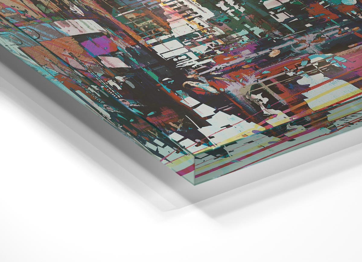 A vibrant abstract city art glass print featuring geometric shapes and colors, perfect for modern decor.