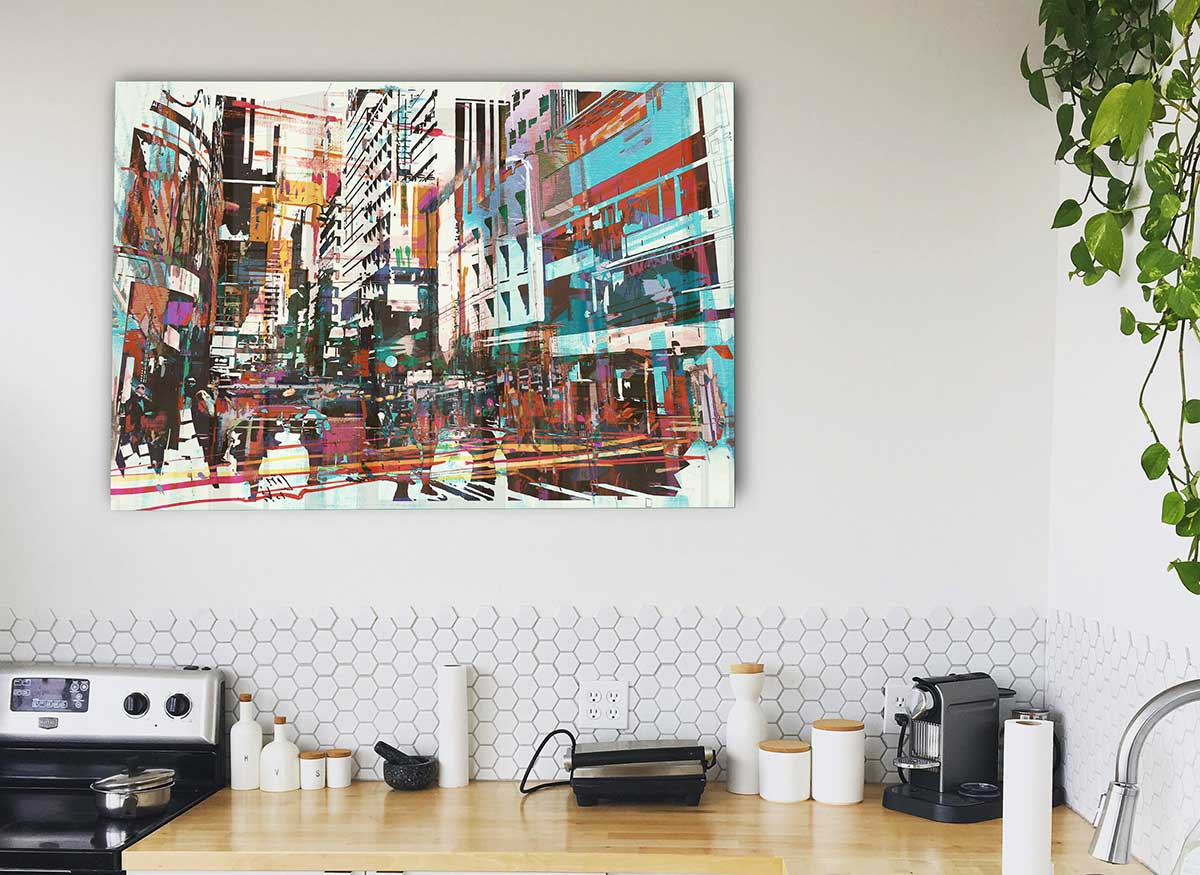 A vibrant abstract city art glass print featuring geometric shapes and colors, perfect for modern decor.