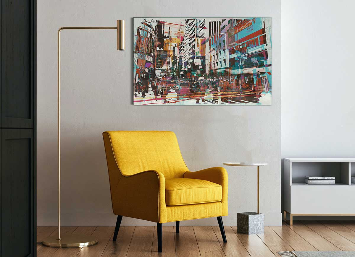 A vibrant abstract city art glass print featuring geometric shapes and colors, perfect for modern decor.