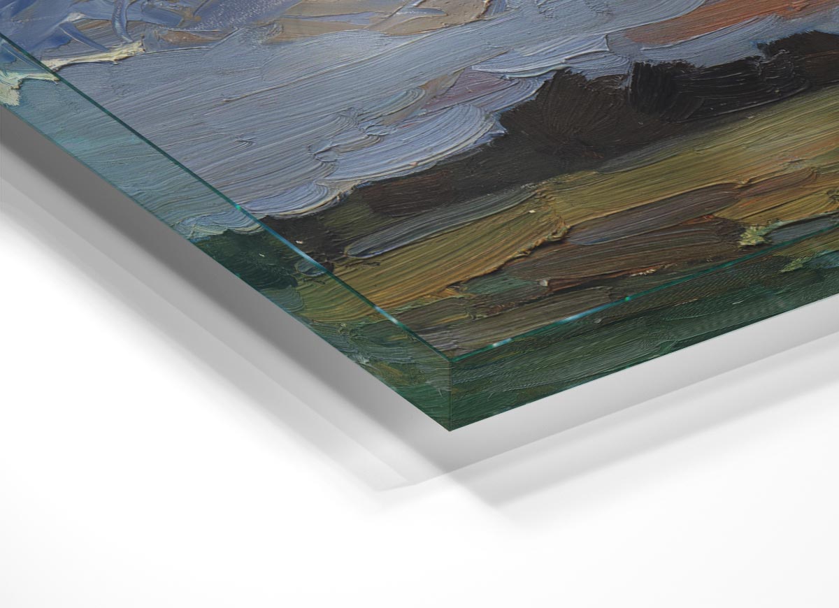 A modern glass print featuring an abstract countryside scene with vibrant colors and elegant design.