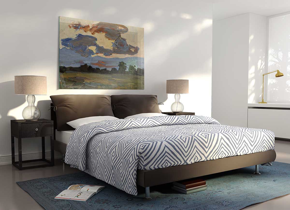 A modern glass print featuring an abstract countryside scene with vibrant colors and elegant design.