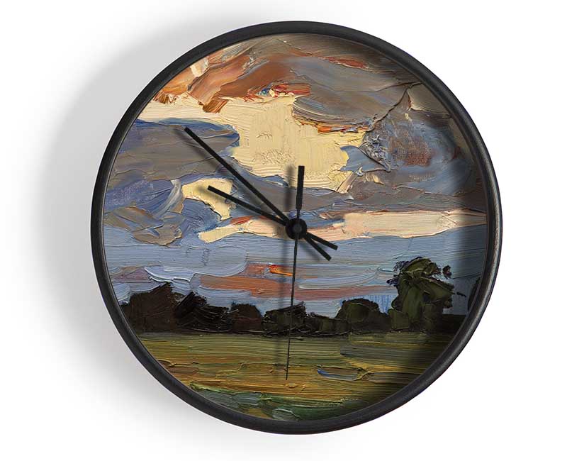 Abstract Countryside clock made from natural bamboo with a round face, available in black, white, and natural frame colors.