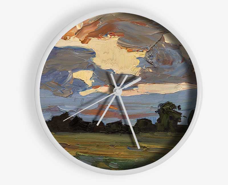 Abstract Countryside clock made from natural bamboo with a round face, available in black, white, and natural frame colors.