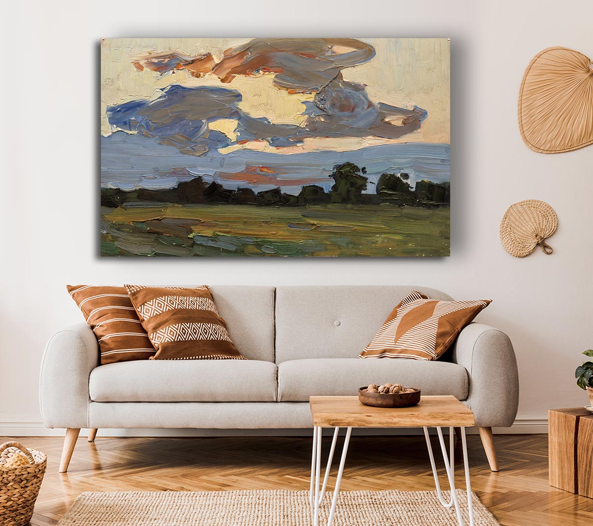 Abstract Countryside canvas art featuring vibrant colors and modern design, mounted on a sturdy box frame, ready to hang.