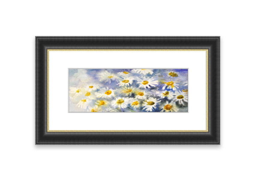 Framed print of Abstract Daisy Blues featuring blue abstract daisies, available in various frame colors, handmade in the UK.