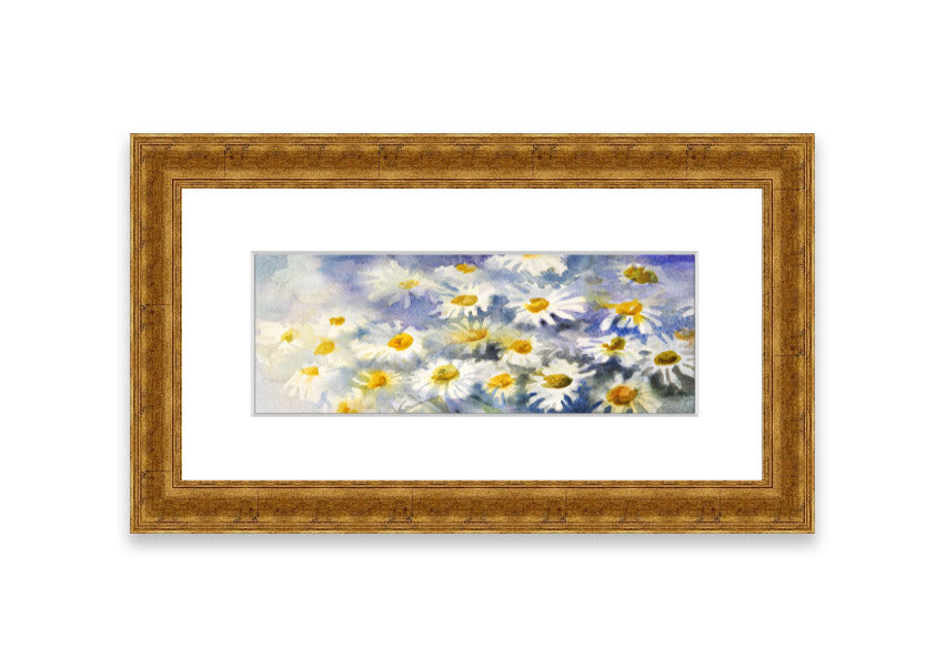 Framed print of Abstract Daisy Blues featuring blue abstract daisies, available in various frame colors, handmade in the UK.