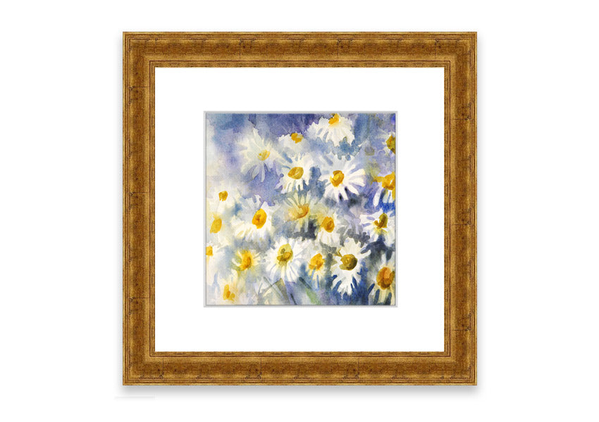 Framed print of Abstract Daisy Blues featuring blue abstract daisies, available in various frame colors, handmade in the UK.