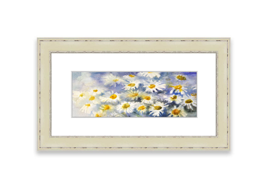 Framed print of Abstract Daisy Blues featuring blue abstract daisies, available in various frame colors, handmade in the UK.