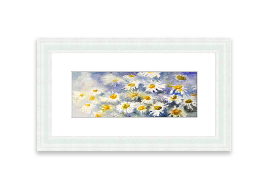 Framed print of Abstract Daisy Blues featuring blue abstract daisies, available in various frame colors, handmade in the UK.