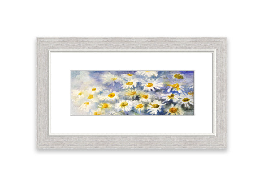 Framed print of Abstract Daisy Blues featuring blue abstract daisies, available in various frame colors, handmade in the UK.