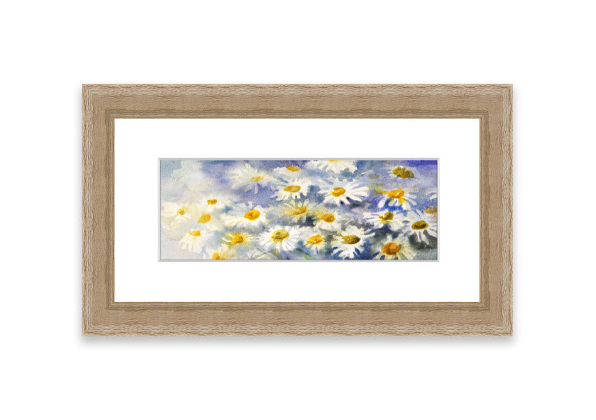 Framed print of Abstract Daisy Blues featuring blue abstract daisies, available in various frame colors, handmade in the UK.