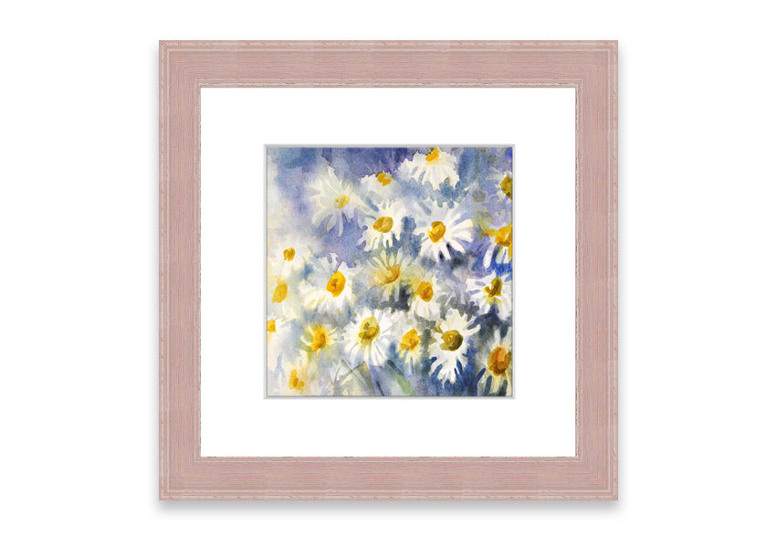 Framed print of Abstract Daisy Blues featuring blue abstract daisies, available in various frame colors, handmade in the UK.