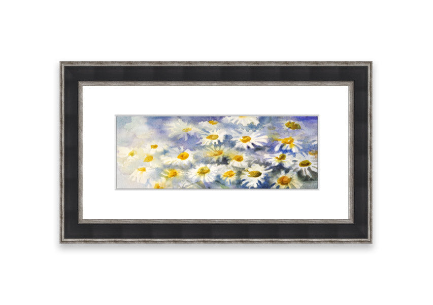 Framed print of Abstract Daisy Blues featuring blue abstract daisies, available in various frame colors, handmade in the UK.