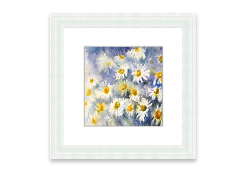 Framed print of Abstract Daisy Blues featuring blue abstract daisies, available in various frame colors, handmade in the UK.