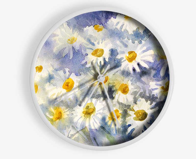 Abstract Daisy Blues clock made from natural bamboo with a round face and clear Plexiglas lens, available in black, white, and natural frame colors.