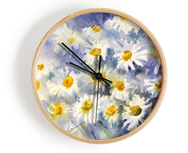 Abstract Daisy Blues clock made from natural bamboo with a round face and clear Plexiglas lens, available in black, white, and natural frame colors.