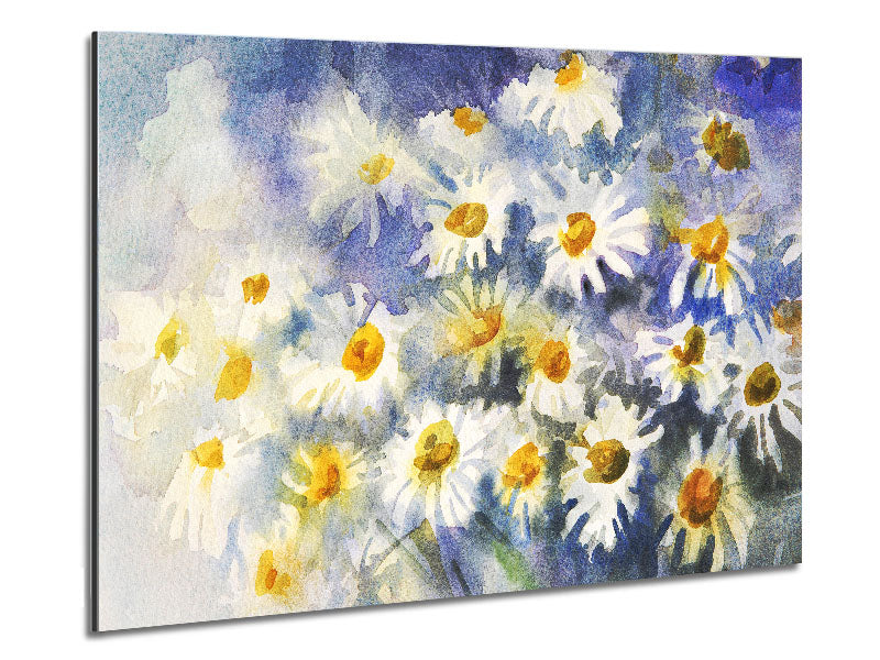 Abstract Daisy Blues artwork printed on brushed aluminium dibond, featuring vibrant blue colors and modern abstract floral design.