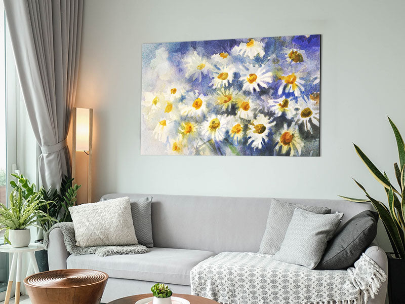 Abstract Daisy Blues artwork printed on brushed aluminium dibond, featuring vibrant blue colors and modern abstract floral design.