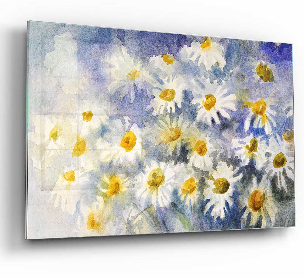 Abstract Daisy Blues glass print featuring vibrant blue daisies on a sleek glass surface, perfect for modern home decor.