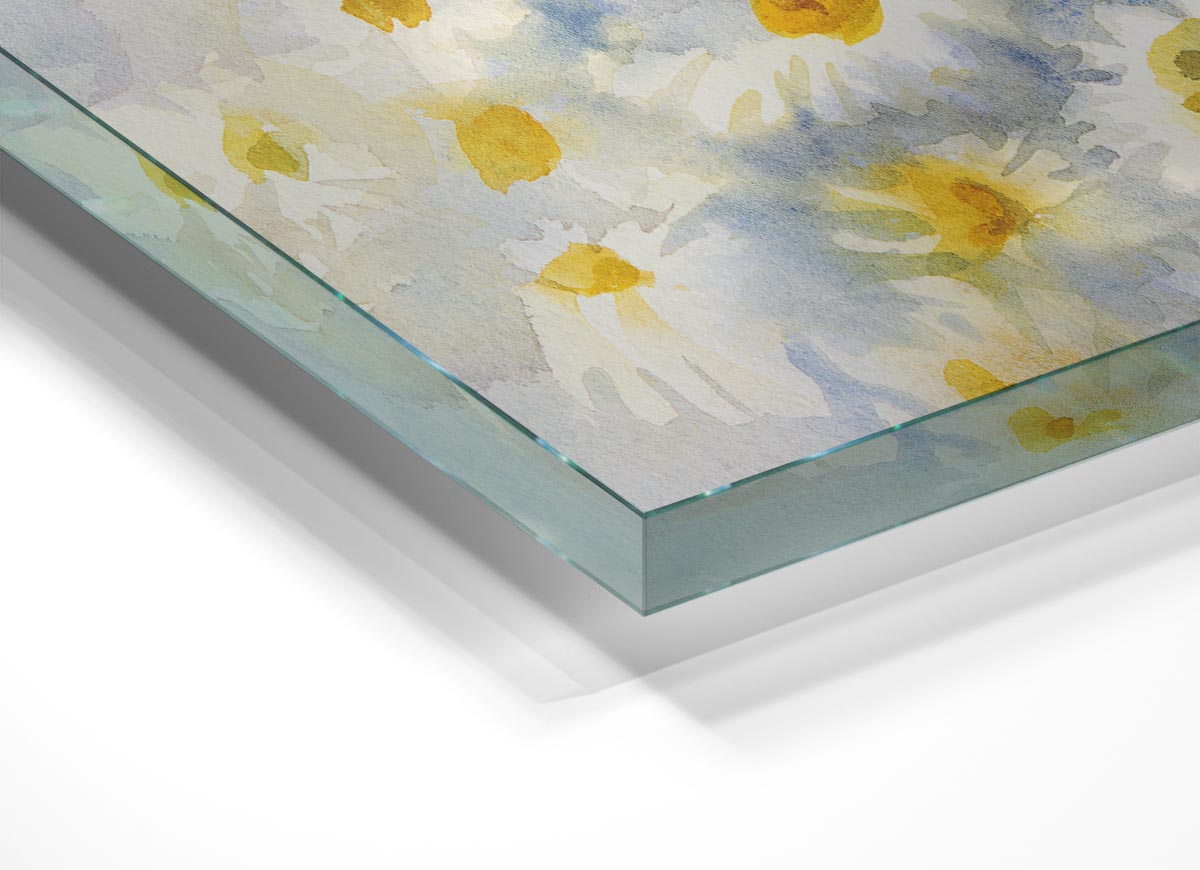 Abstract Daisy Blues glass print featuring vibrant blue daisies on a sleek glass surface, perfect for modern home decor.