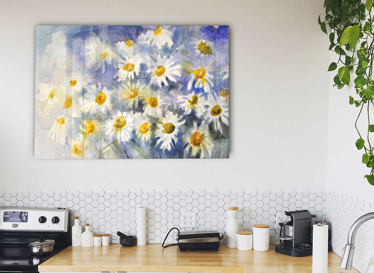 Abstract Daisy Blues glass print featuring vibrant blue daisies on a sleek glass surface, perfect for modern home decor.