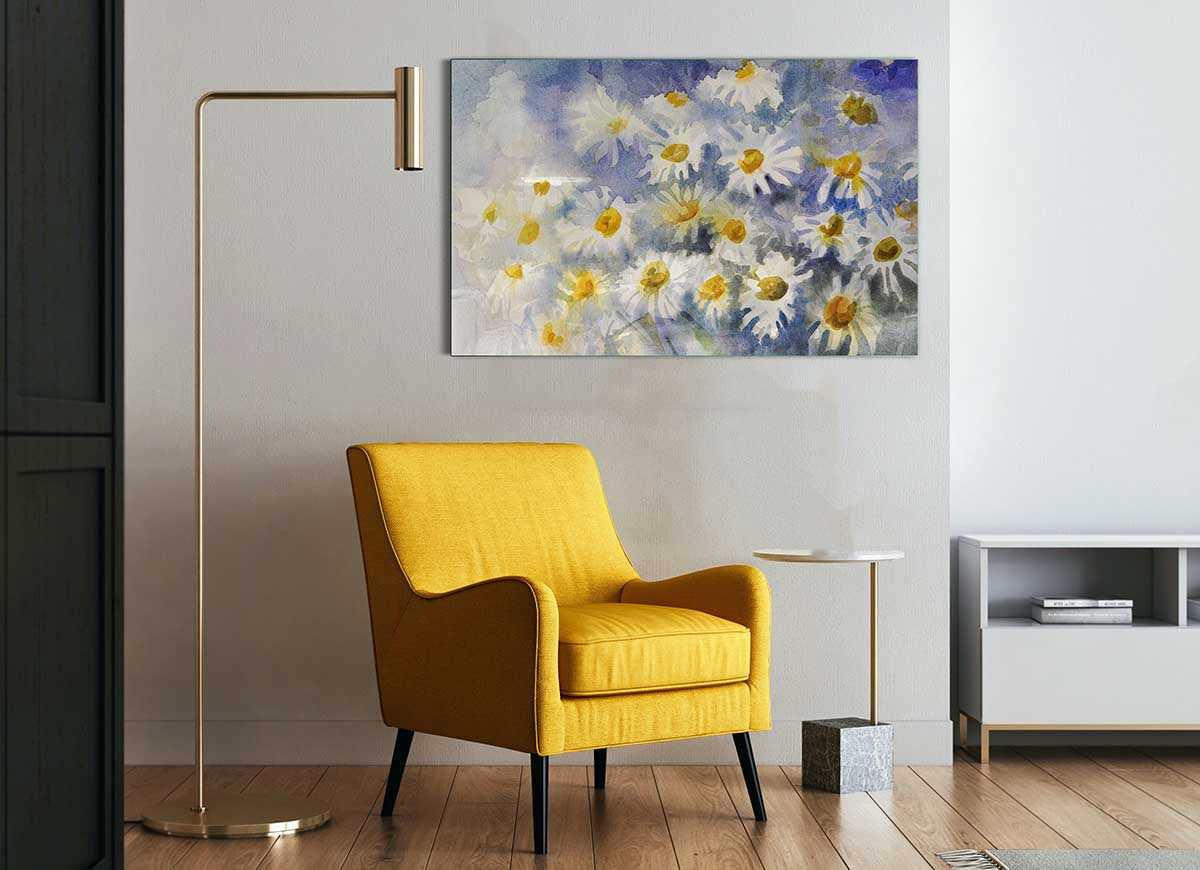 Abstract Daisy Blues glass print featuring vibrant blue daisies on a sleek glass surface, perfect for modern home decor.