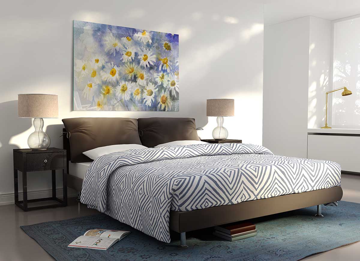 Abstract Daisy Blues glass print featuring vibrant blue daisies on a sleek glass surface, perfect for modern home decor.