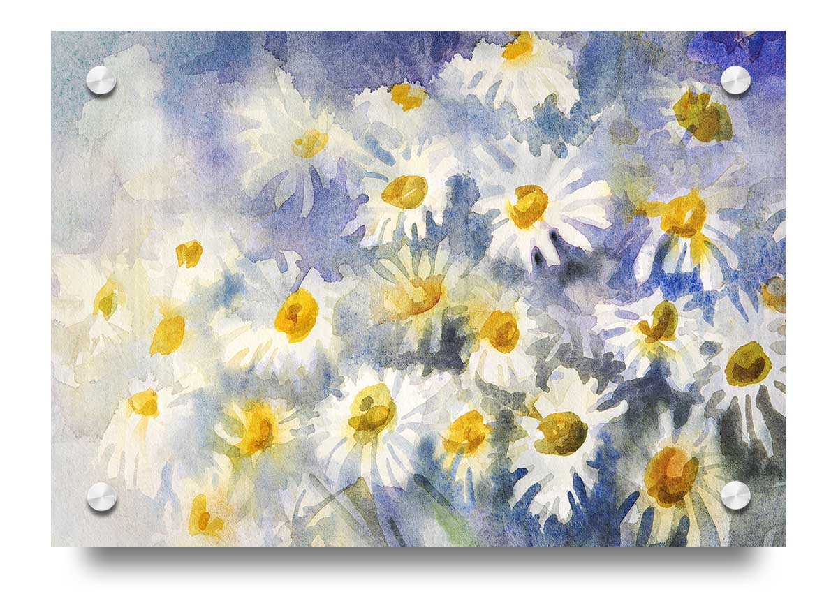 Abstract Daisy Blues acrylic print on 5mm thick glass, showcasing vibrant colors and modern design.