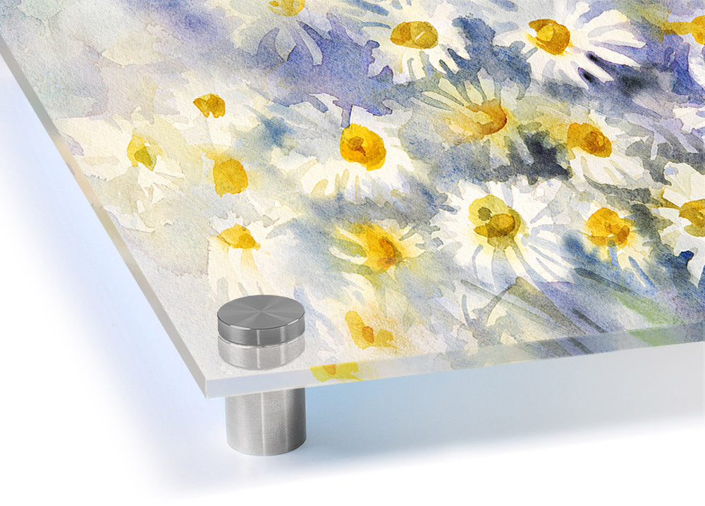 Abstract Daisy Blues acrylic print on 5mm thick glass, showcasing vibrant colors and modern design.