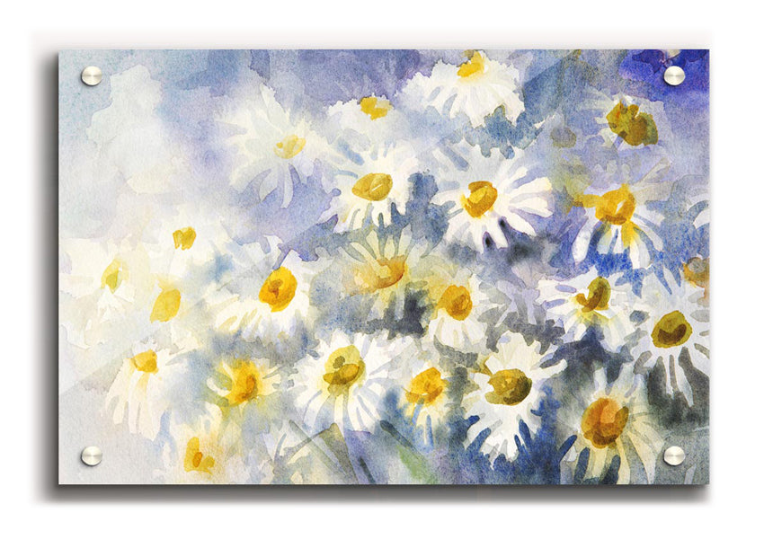 Abstract Daisy Blues acrylic print on 5mm thick glass, showcasing vibrant colors and modern design.