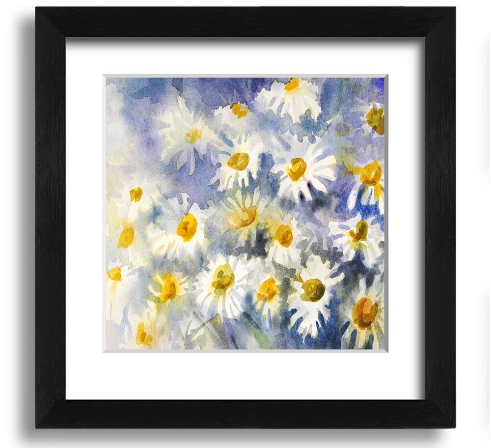 Abstract Daisy Blues Square Framed Print with vibrant blue tones and floral design, framed in a stylish frame.