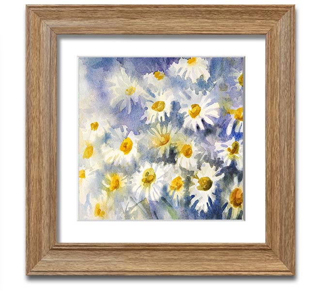 Abstract Daisy Blues Square Framed Print with vibrant blue tones and floral design, framed in a stylish frame.