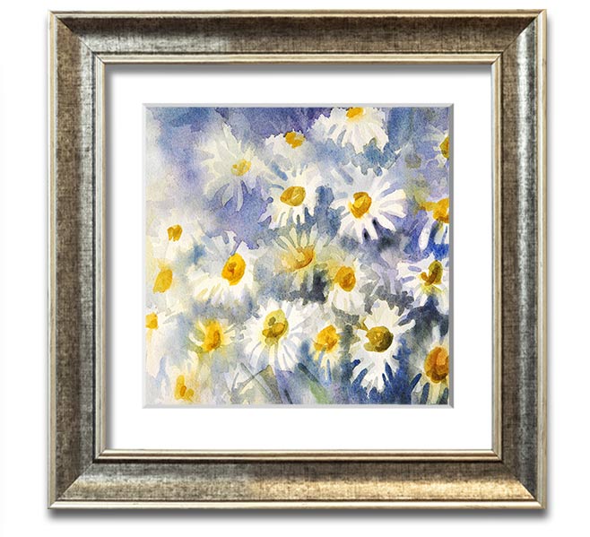 Abstract Daisy Blues Square Framed Print with vibrant blue tones and floral design, framed in a stylish frame.