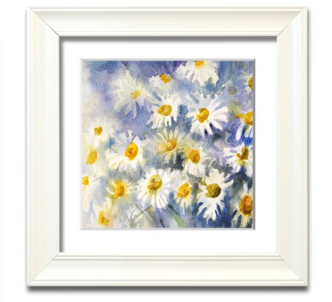 Abstract Daisy Blues Square Framed Print with vibrant blue tones and floral design, framed in a stylish frame.