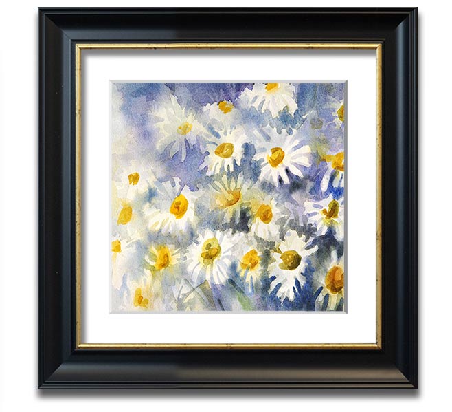 Abstract Daisy Blues Square Framed Print with vibrant blue tones and floral design, framed in a stylish frame.