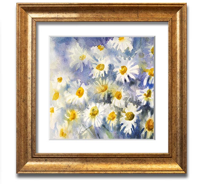 Abstract Daisy Blues Square Framed Print with vibrant blue tones and floral design, framed in a stylish frame.