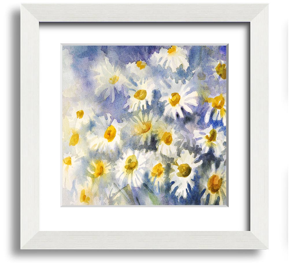 Abstract Daisy Blues Square Framed Print with vibrant blue tones and floral design, framed in a stylish frame.